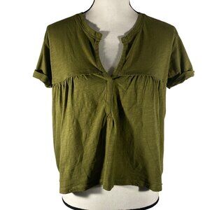 PILCRO Olive Green pleated babydoll pleated rolled Sleeve slub Cotton top size S